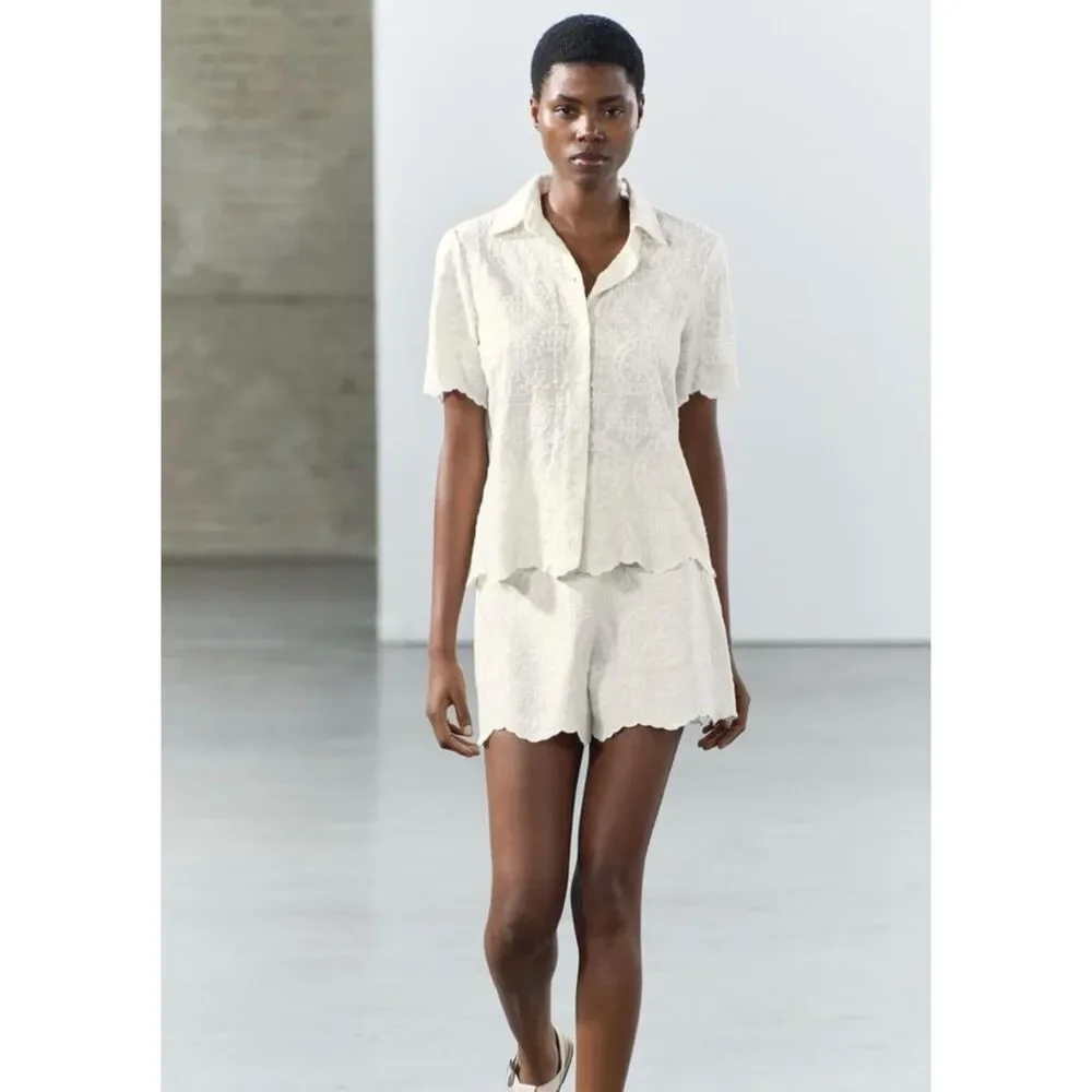 Zara collection embroidered bermuda short suit linen blend cottage women XL New